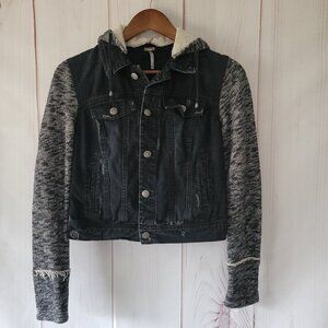 Free People Distressed Knit/Denim Jean Jacket, Women’s XS, Black, Removable Hood